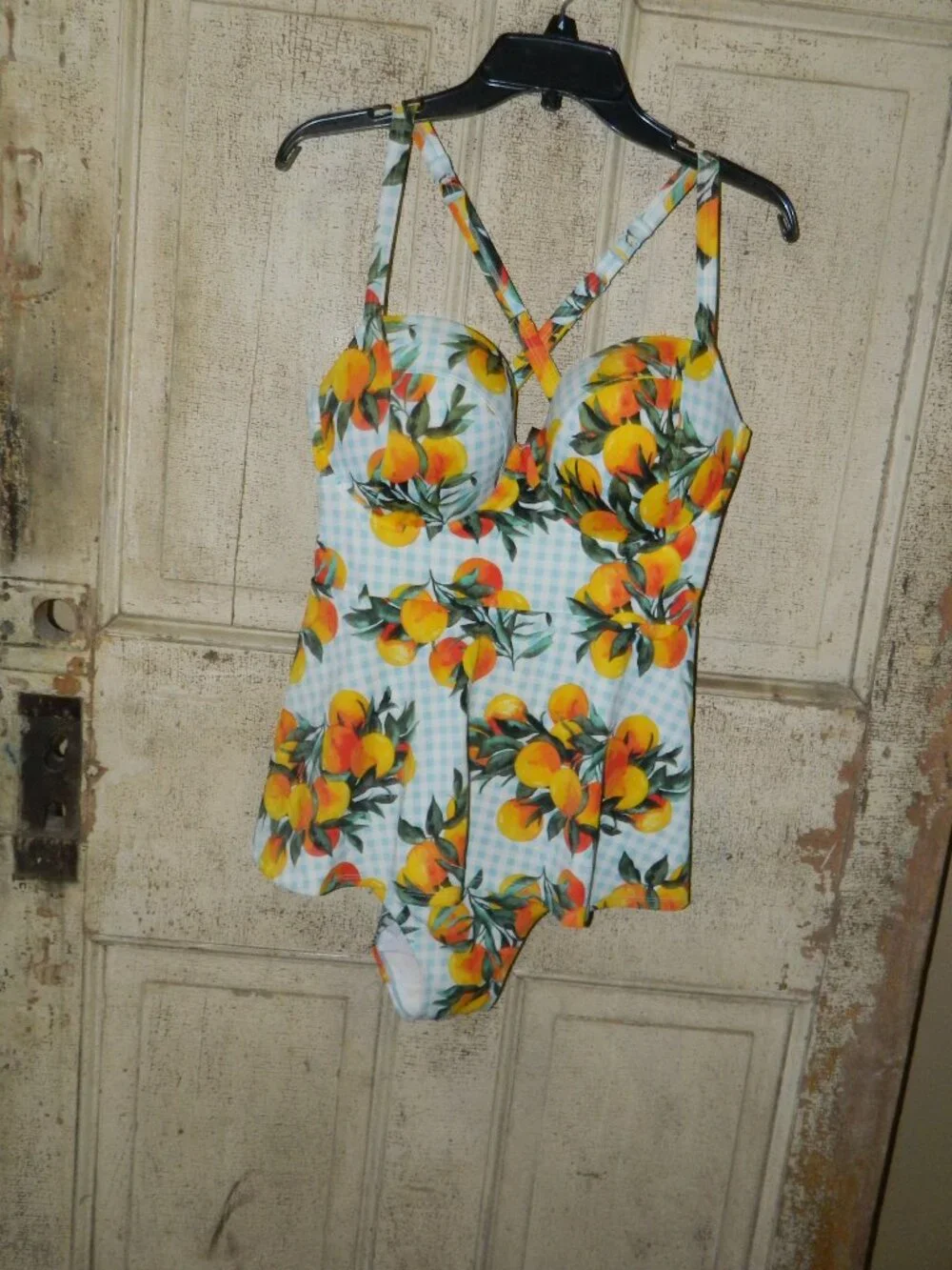 TORRID BLUE GINGHAM & ORANGES PUSH-UP DEMI ONE PIECE SWIMSUIT Sz 1F (RR-14)